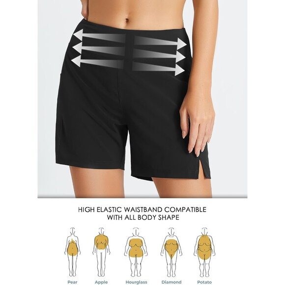 🆕Women's Black Polyester Quick Dry High Waisted Swim Board Shorts UPF 50+ Liner - Picture 3 of 7